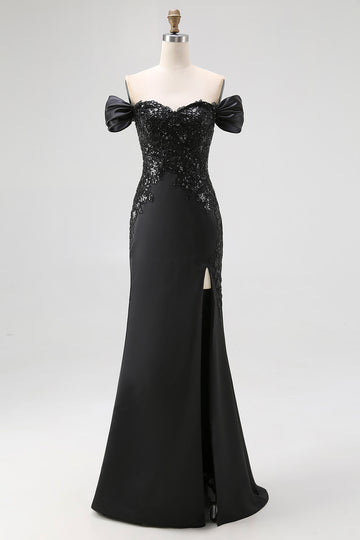 Black Satin Off The Shoulder Mermaid Evening Dress with Slit